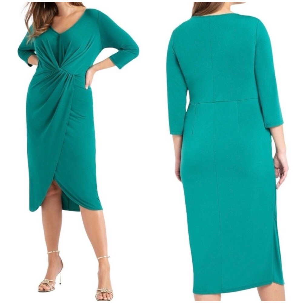 Eloquii Drape Front Stretch Midi Dress‎ Emerald Green Vneck 18 Career Party